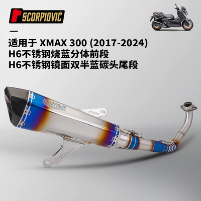 2017-2024, Motorcycle exhaust pipe - xmax300-blued-split-front-section-h6-mirror-double-half-blue-carbon-head