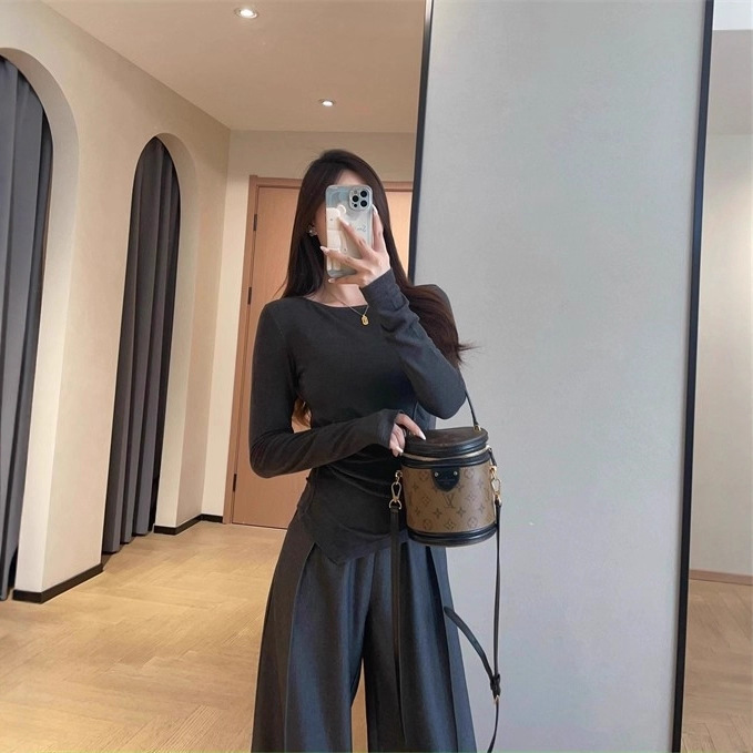 IM919设计感小众不规则下摆褶皱收腰显瘦船领长袖T恤女2025秋冬|undefined