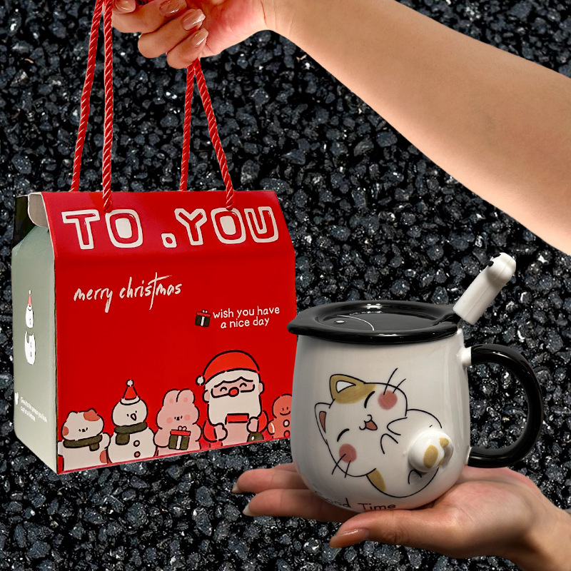 Taza de gato Mark con tapa Cuchara Taza de agua de cerámica Taza de pareja de dibujos animados de cerámica para hombres y mujeres Taza de desayuno de café de oficina