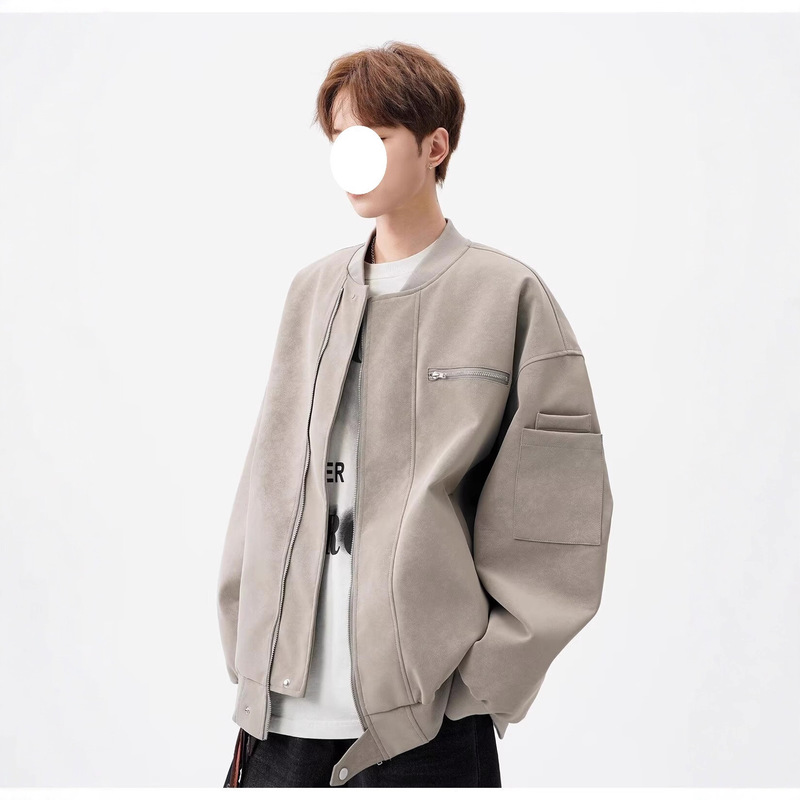 American Vintage Baseball Jacket for Men, Autumn High Street Cool Tie-Dye Leather Jacket, Stylish Short Workwear Coat