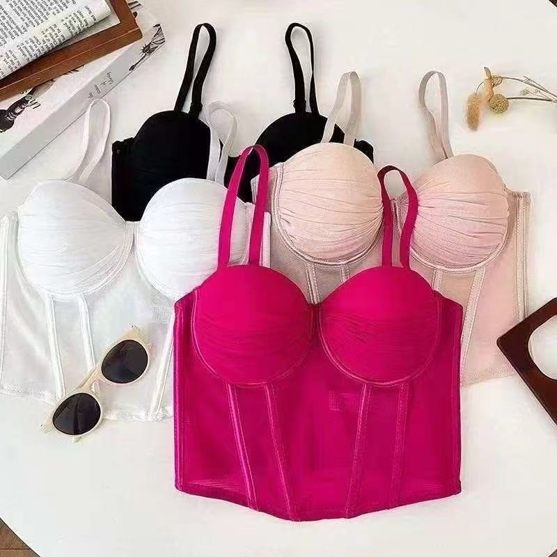 유럽과 미국의 섹시하고 다재다능한 주름 불규칙 슬리밍 짧은 캐미솔 브라 여성용 바닥 셔츠