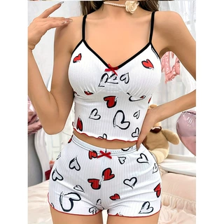 欧美跨境热销亚马逊性感女士心形印花撞色居家服两件套轻薄吊带26