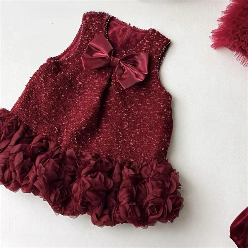 Qianqiu vestidos rojos de niñas más vello otoño y invierno nuevo estilo extranjero bebé arco chaleco princesa Año Nuevo