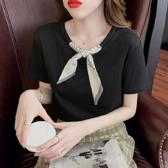 夏季2025年新款夏装众蝴蝶结纯棉短袖T恤女装宽高端别致减龄上衣|undefined