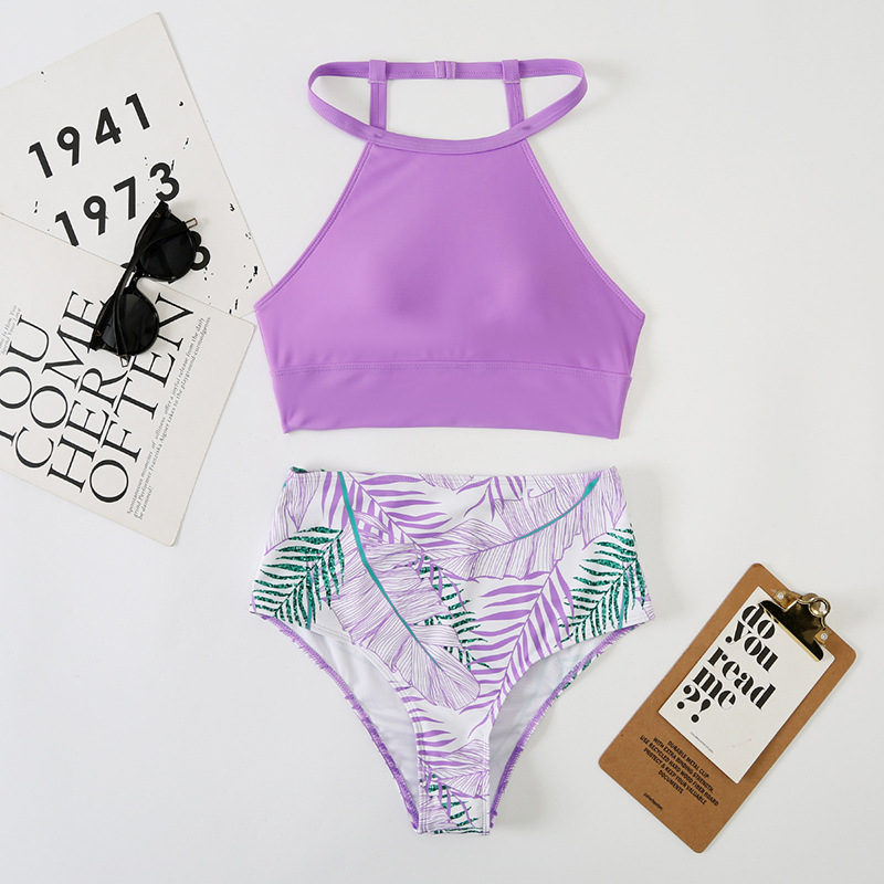 Women's Sexy High-Waisted Two-Piece Bikini Swimsuit High Neck Tie-Detail Abstract Print Polyester Nylon Regular Fit For Spring/Summer_ecoleips.com