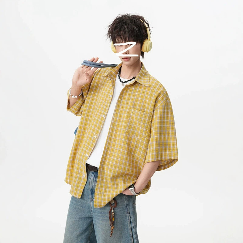 American Retro Short-Sleeved Plaid Shirt for Men, Summer Clean and Sunny Style for Boys, Loose Half-Sleeved Shirt Top American Retro Short-Sleeved Plaid Shirt for Men, Summer Clean and Sunny Style for Boys, Loose Half-Sleeved Shirt Top