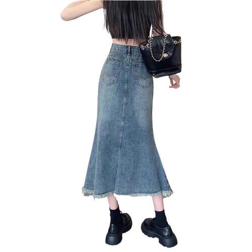 Vintage Cowboy Semi-Body Skirt for Women 2025 Spring and Summer High-Waist Slimming Fringe Medium-Length Fish Tail Skirt Trendy