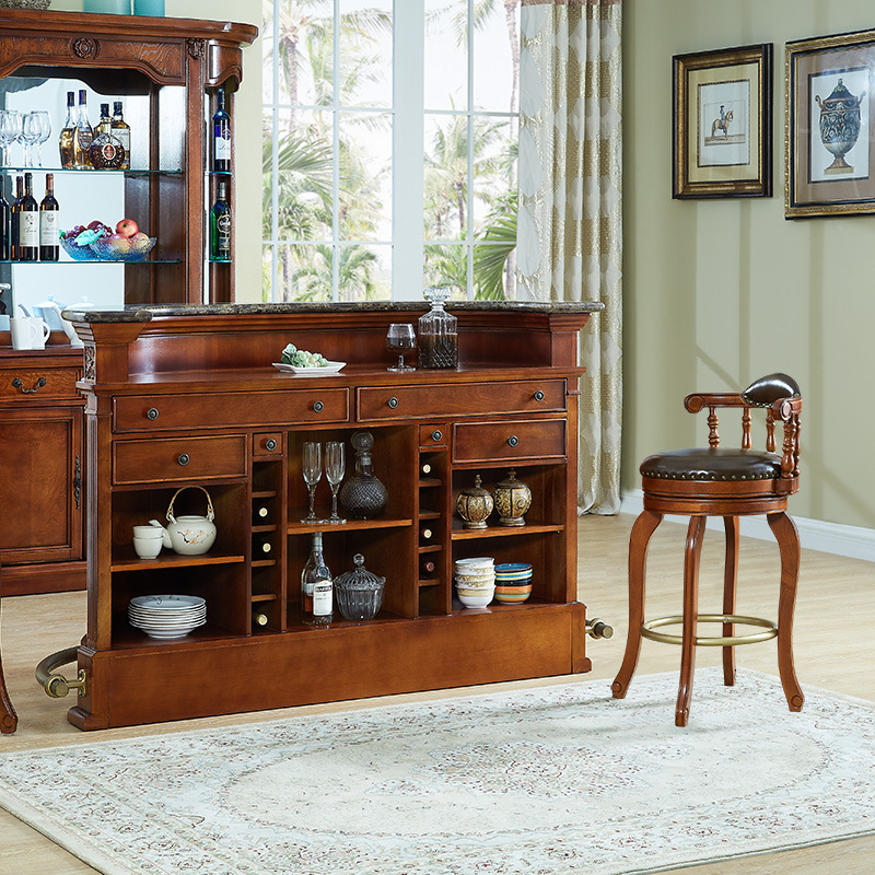 American-Style Solid Wood Bar Table for Home Entrance, Marble-Backed Bar Chair, European-Style Retro Partition Wine Cabinet E18