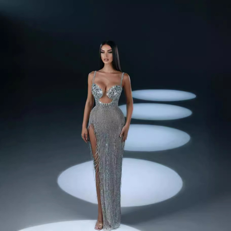 Summer New silver Strap Beads U-neck Bead Nails Diamond Slim-fit Slimming High Waist Split Elegant Evening Dress