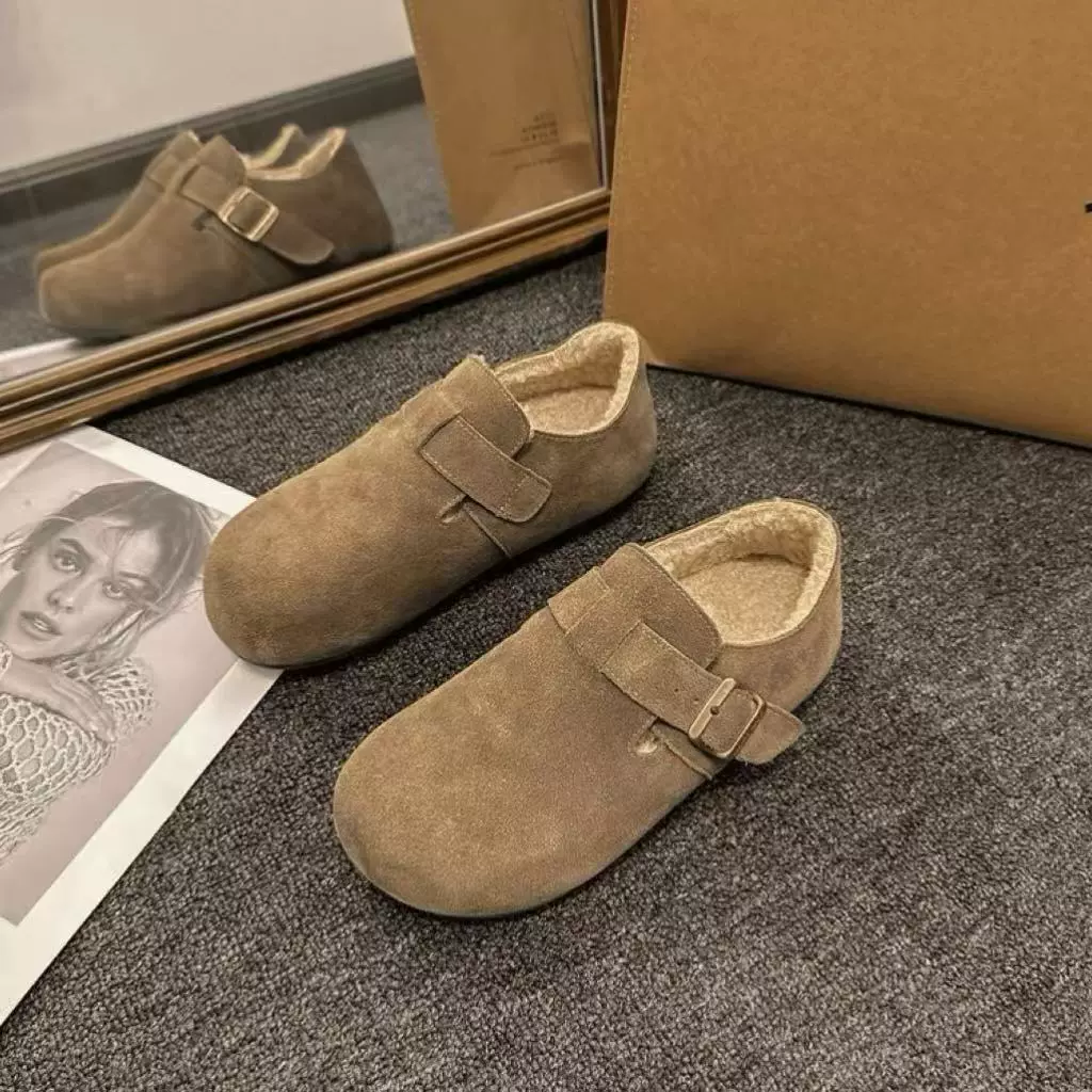 勃肯鞋女加绒保暖豆豆鞋2025新款秋冬毛毛鞋复古一脚蹬勃肯鞋棉鞋