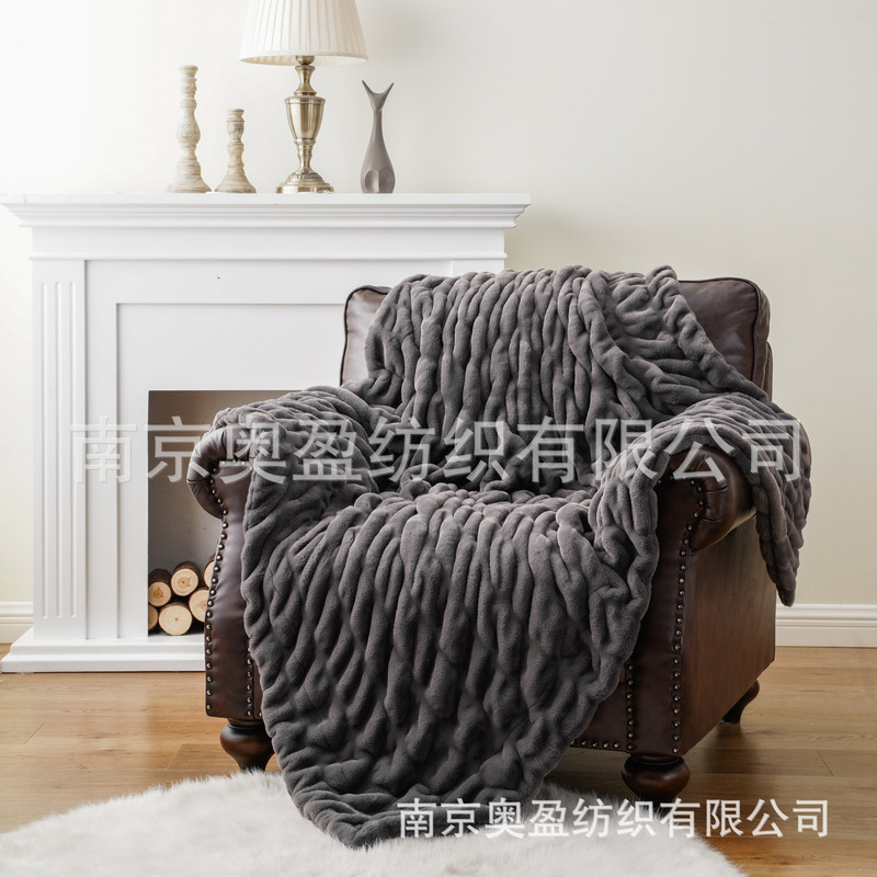 亚马逊毛毯双面加厚仿兔毛提花竹节毛毯AB面兔毛绒毯家居沙发盖毯|undefined