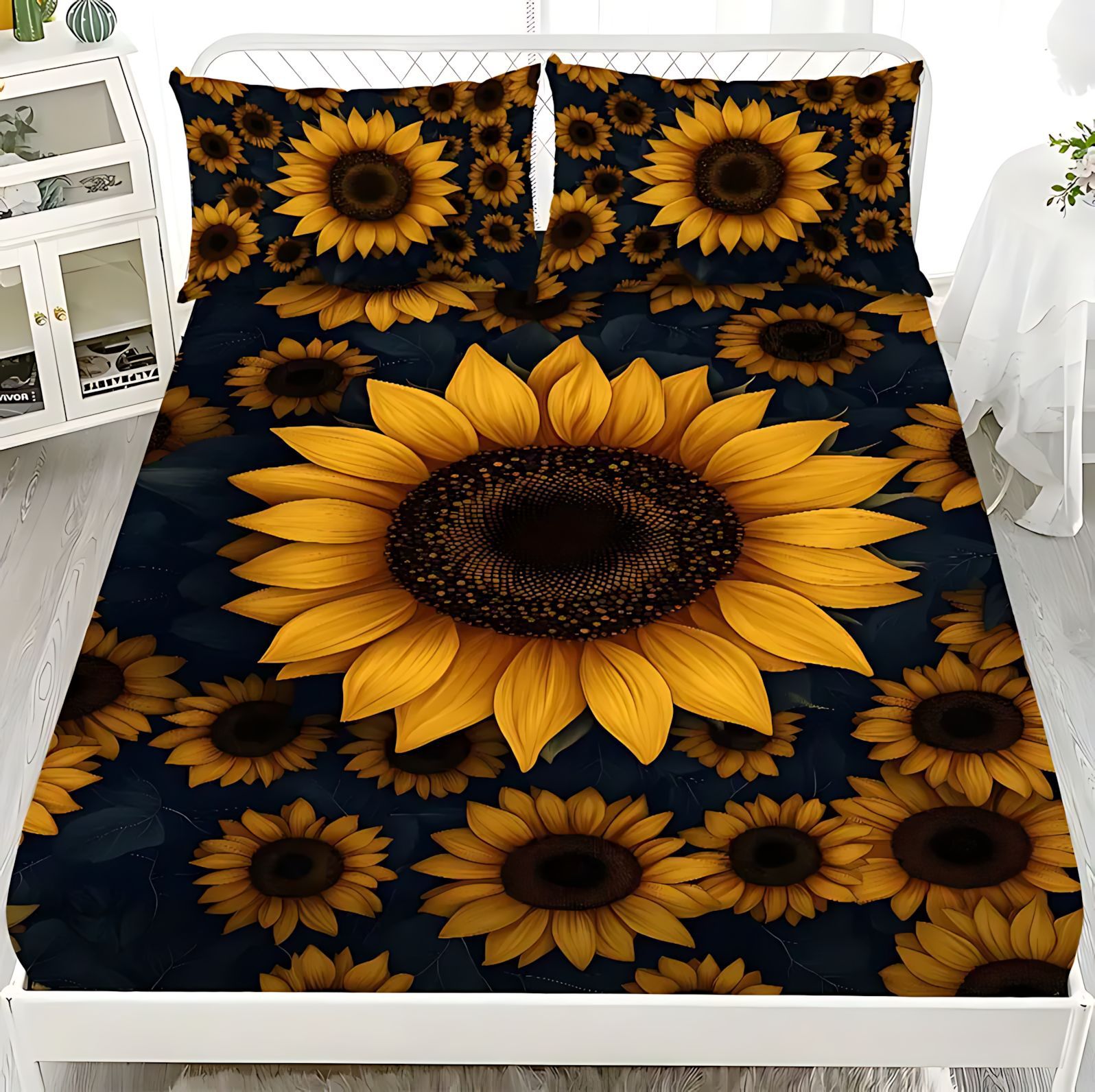 TEMU / JIT transfronterizo brillante girasol HD impresión digital cama suave gaza almohada conjunto de dibujo puede hacer