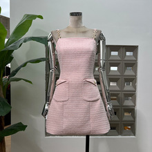 亚马逊新款时尚气质小众编织吊带一字领A字连衣裙淑女风修身显瘦