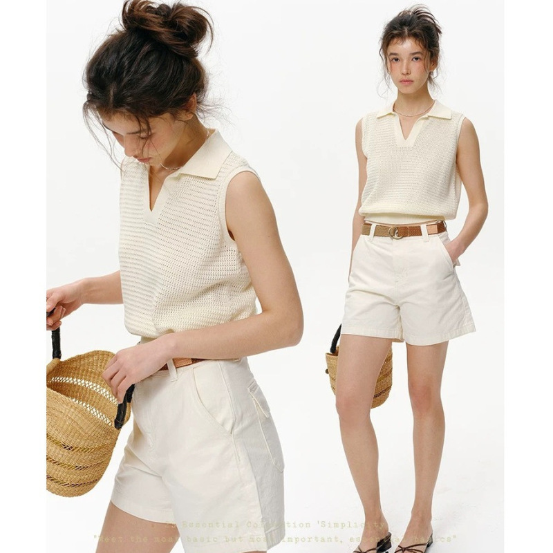 Textured Ribbed Knit Short-Sleeve Polo Collar Vest for Women, New Summer Style, Hollow-Out Slimming Sleeveless Top