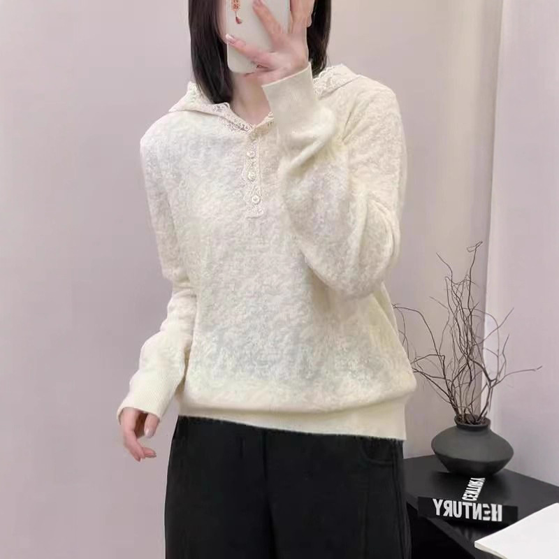 羊绒针织衫连帽卫衣提花蕾丝拼接毛衣女宽松慵懒上衣春秋新款长袖