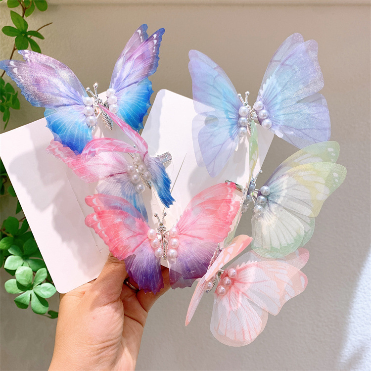 Kids Colorful Gradient Wings Butterfly Pearl Hair Clip Headwear Cute Girl Moving Butterfly Hair Pin Outdoor Top Clip