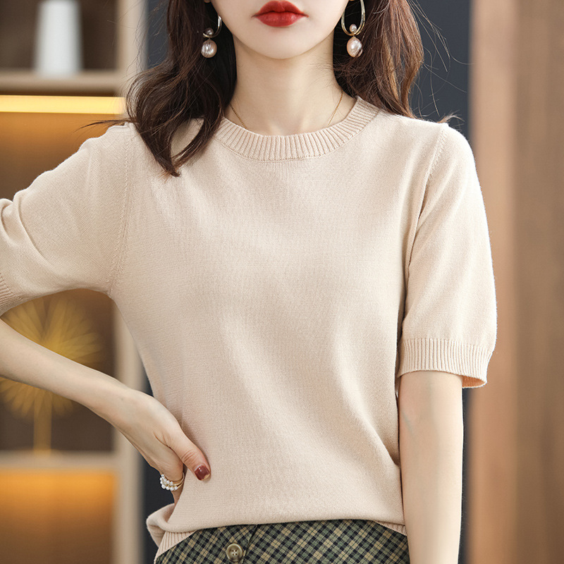 Spring and Summer 100% Pure Cotton Knitted Short-Sleeved T-Shirt for Women, Round Neck, Thin Base Sweater, Elegant Loose Top, Knitted Top Spring and Summer 100% Pure Cotton Knitted Short-Sleeved T-Shirt for Women, Round Neck, Thin Base Sweater, Elegant Loose Top, Knitted Top