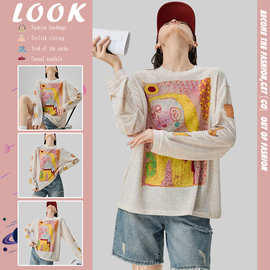 设计感抽象涂鸦印花长袖T恤女2025秋季新款宽松圆领休闲套头上衣