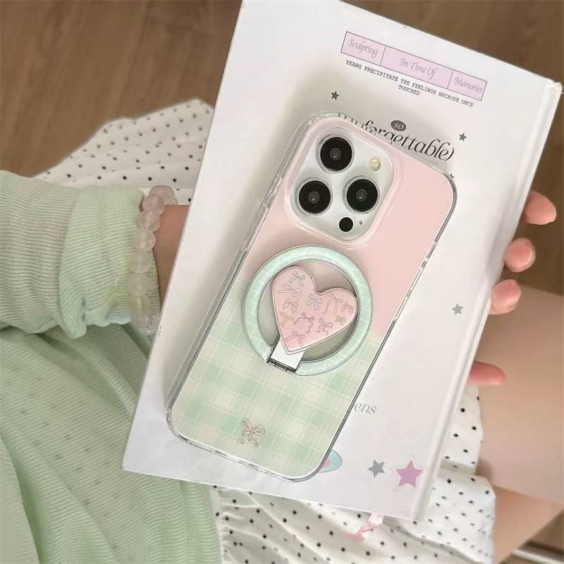 Estilo coreano ins florece costura a cuadros para iPhone16 soporte de amor 15ProMax funda para teléfono móvil Apple 14P