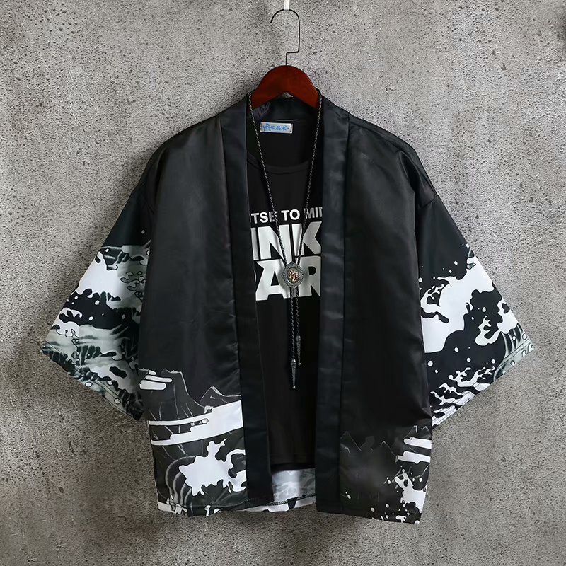 Japanese Style Retro Dark Ukiyo-e Robe Cardigan and Kimono Men's and Women's Chinese Style Loose Seven-point Sleeve Shirt Coat Trendy