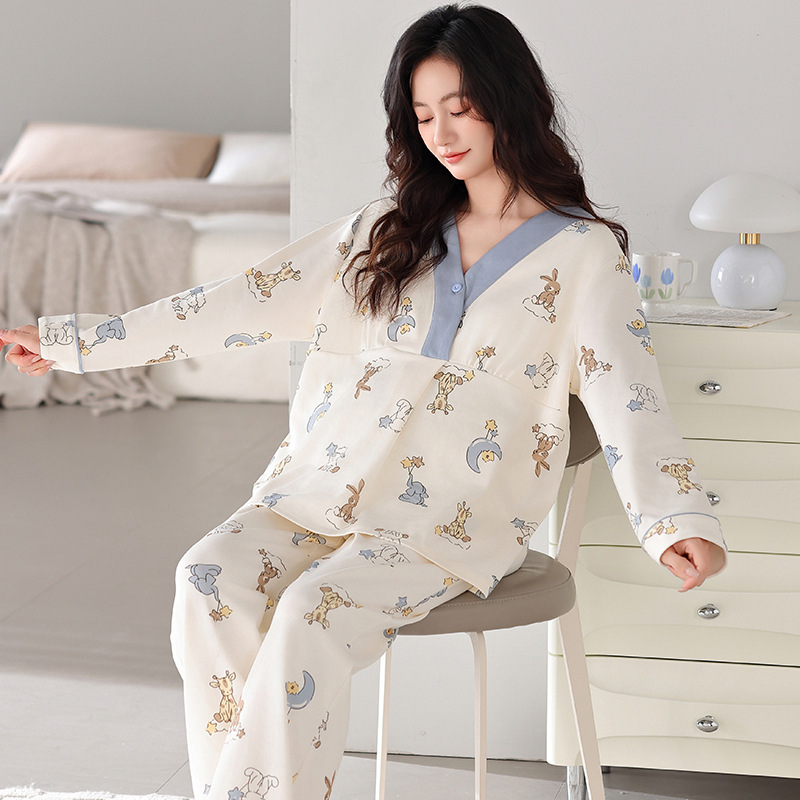 Maternity Pajamas 100% Pure Cotton with Breast Pads for Women, Spring and Autumn Long-Sleeve, Winter Postpartum Maternity Nursing Loungewear Set