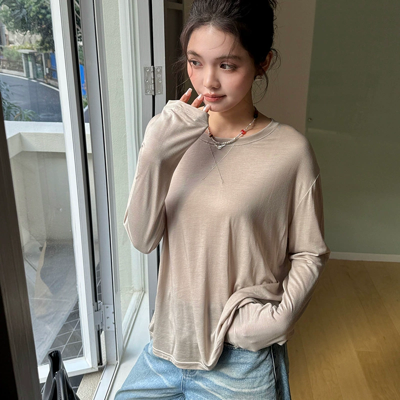 Long-Sleeve Round-Neck Top, lightweight wool blend, summer solid, one size (2–10 colors)