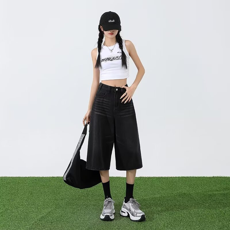 신유 스트리트 스타일 하이웨이스트 와이드 레그 7부 데님 반바지 여성 여름 신상 워싱 루즈핏 스트레이트 팬츠 수출용