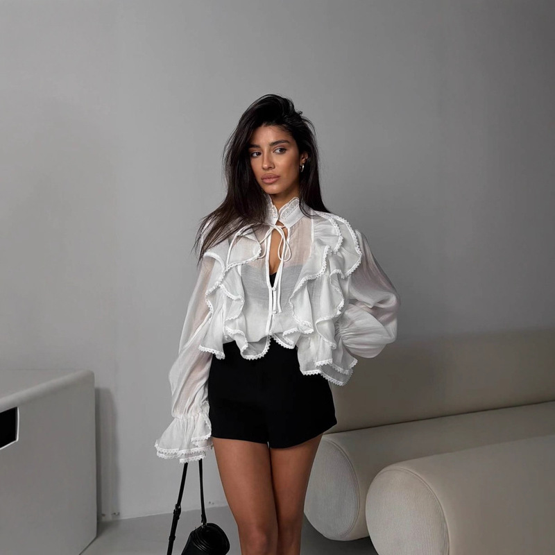 European and American Cross-Border Women's Clothing, Lace-Up Flared Sleeve Tops, Women's Spring Design Ruffled V-Neck Solid Color Shirts Wholesale