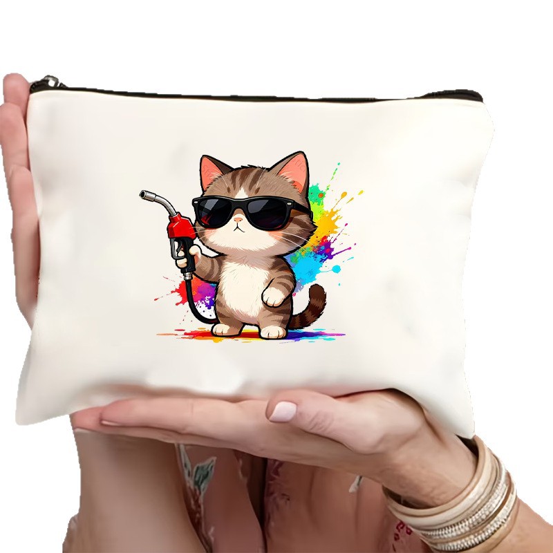 Fuente de fabricación directa de varios estilos de gato impresa bolsa de lona con cremallera bolsa de cambio de mano almacenamiento de cosméticos