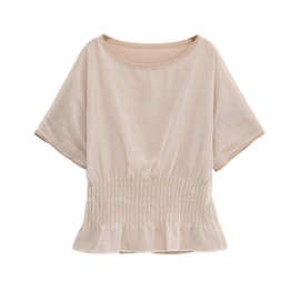 跨境外贸2025欧美时尚女装百搭短袖针织透明硬纱拼接上衣2142064