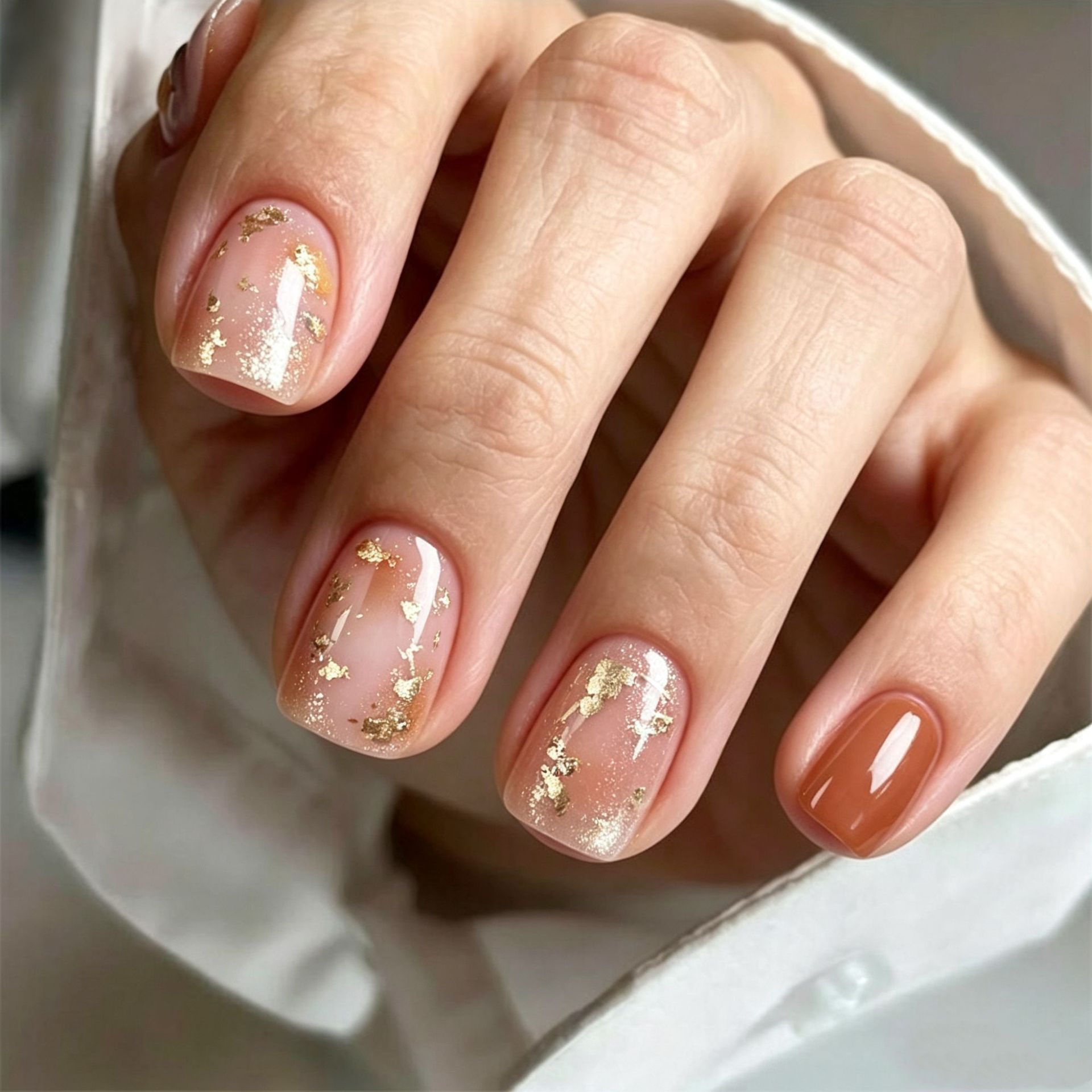 Polvo marrón de oro de lámina de manicura gradiente de uñas cortas suaves lujosas 24 piezas de uñas falsas parches image 7