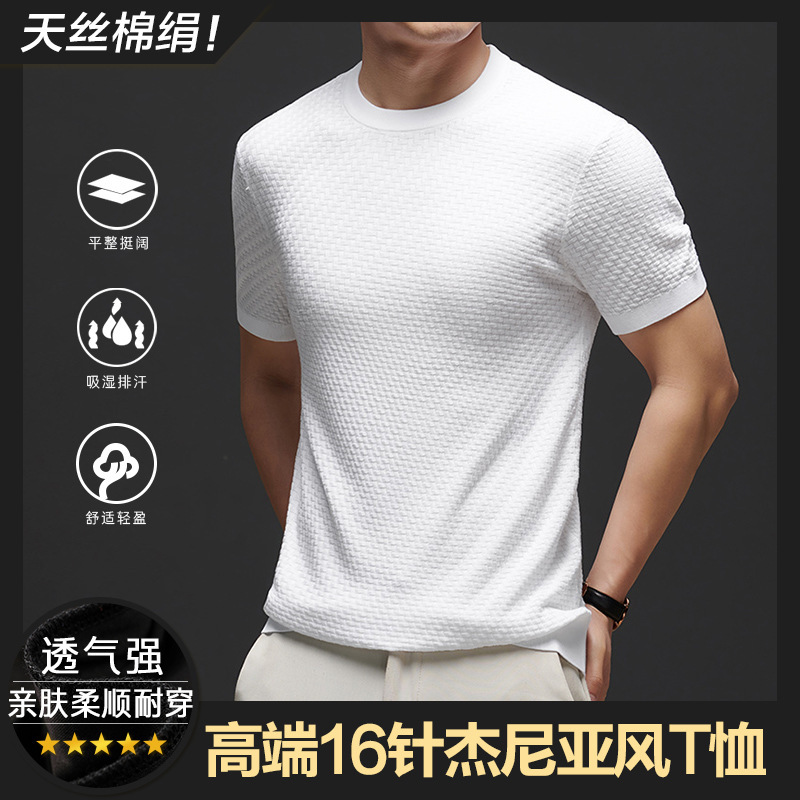2025 Summer Men's Short-Sleeved T-Shirt Bv Woven Style Tencel Cotton Silk Round Neck Knitwear Lyocell Mulberry Silk Half-Sleeve