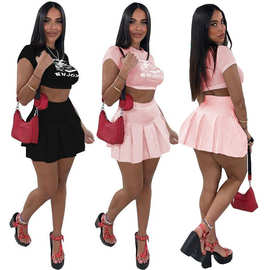 Y705欧美跨境亚马逊时尚女装 纯色定位印花T恤百褶裙短裙两件套