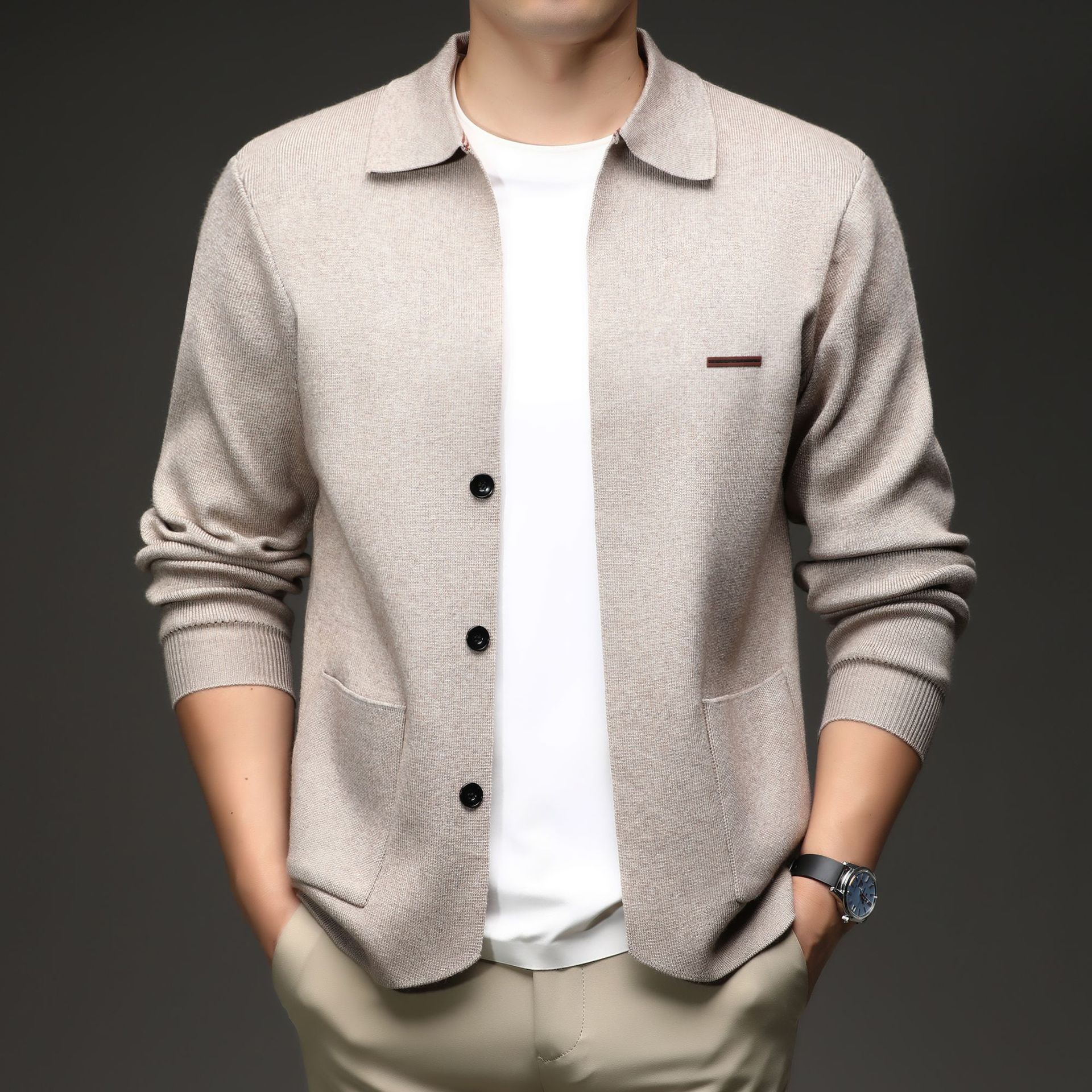2026 Autumn Men's Anti-Pilling Knitted Cardigan with Turn-Down Collar, Casual Light Luxury Long-Sleeve Versatile Sweater Jacket for Men Wholesale
