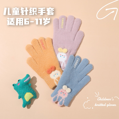 New knitted warm children's woolen gloves with flip-up half-finger full velvet and thickened elementary school students' cute cartoon gloves
