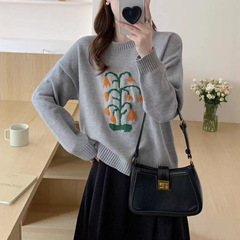 感复古别致花朵圆领毛衣女秋季新款小众慵懒风提花上衣针织衫