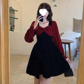 大码女装假两件连衣裙秋冬胖mm显瘦收腰复古法式新年红色裙子