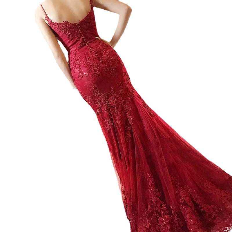 El Comercio Exterior de Europa y América Amazon AliExpress deseo estación independiente Nueva cola pescado Delgado encaje largo vestido noche elegante image 5