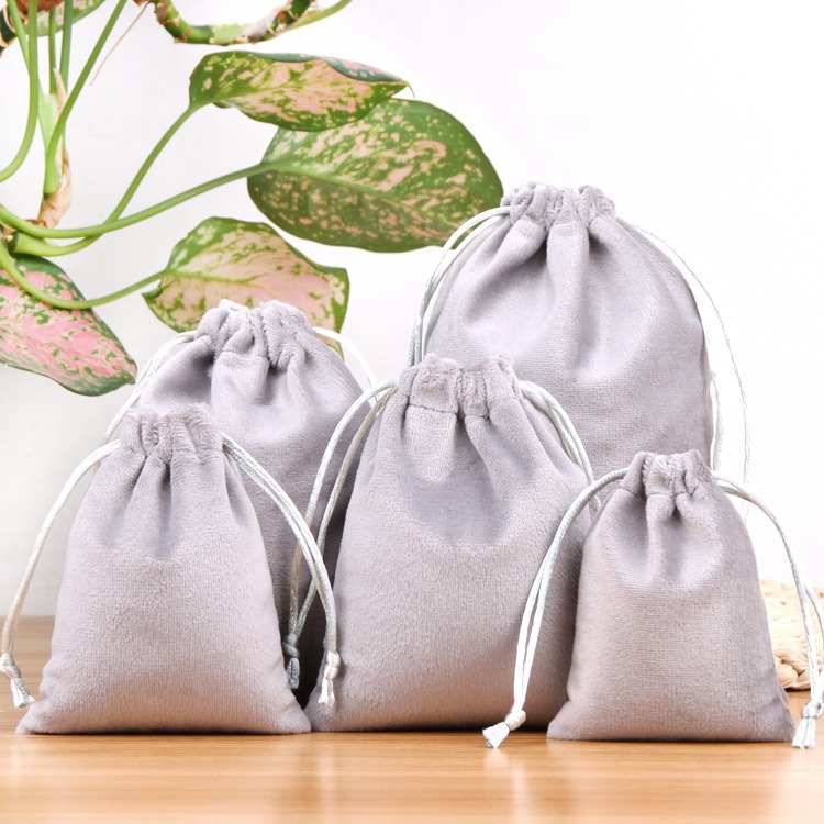 Flocked cordón bolsillo de terciopelo joyería personalizada bolsa de tela pequeña bolsa de tela cerrada bolsa de tela gris