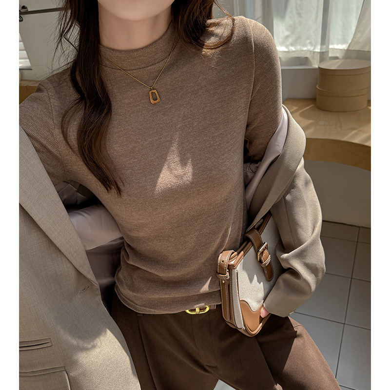 Carefully Selected Autumn and Winter Small Stand-Up Collar Inner Layering Shirt for Women Korean Style Right Shoulder Imitation Cashmere High-End Long-Sleeved Pure Color Top