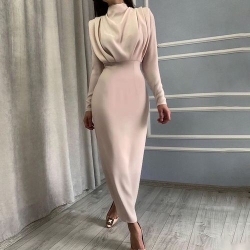 European and American 2022 new autumn fashionable temperament waisted and stylish solid color long-sleeved dress wholesale