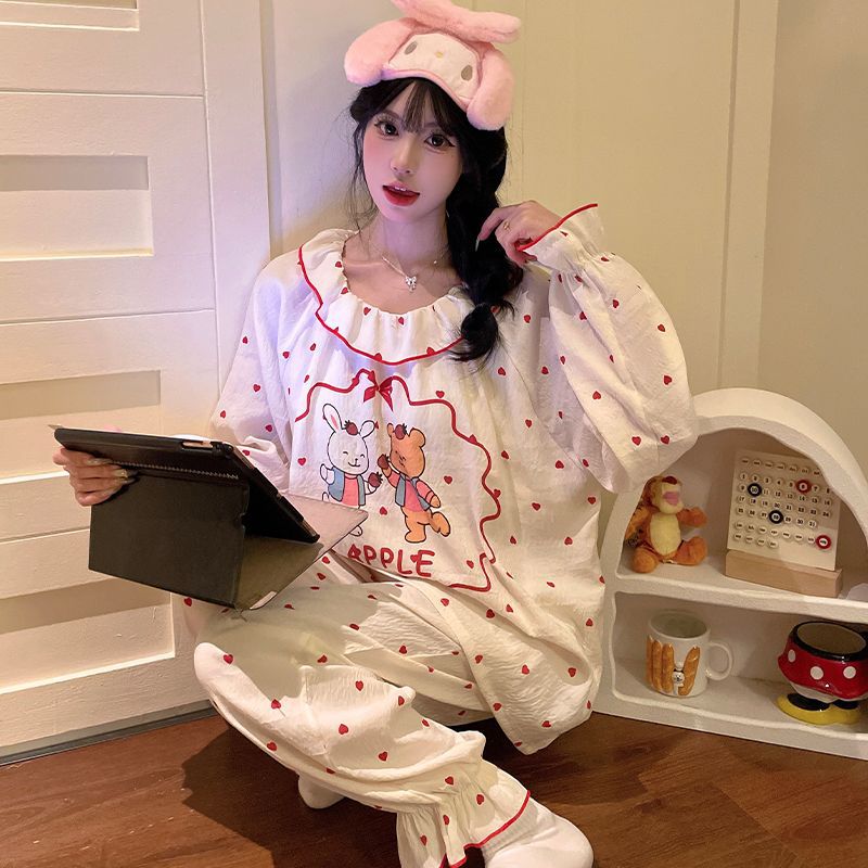 Pijamas al por mayor transfronterizos otoño nuevo estilo francés nubes de algodón cinturón almohadilla de pecho dulce borde de loto ropa de hogar para estudiantes