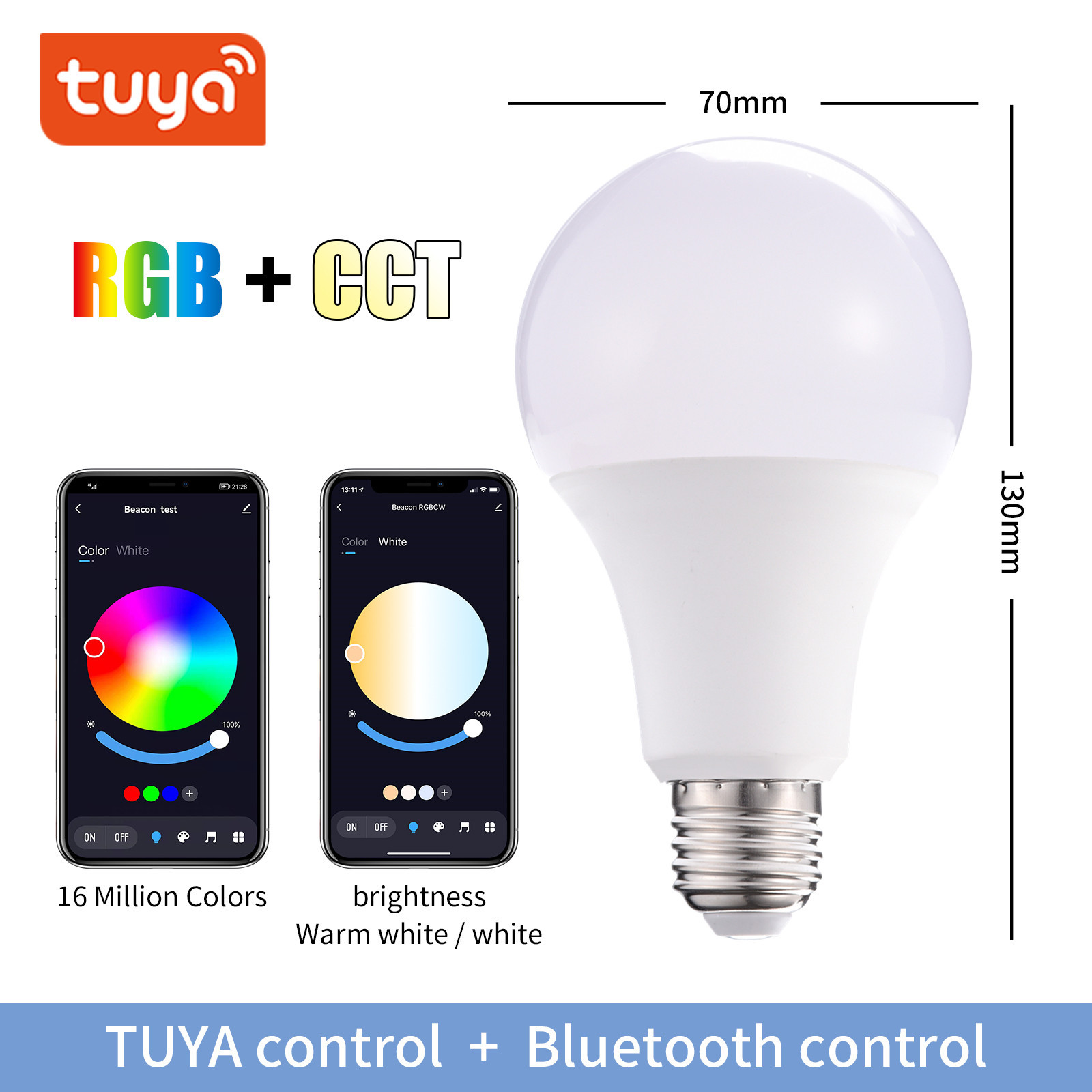 Bombilla inteligente Tuya con Bluetooth RGBCW, control por teléfono móvil, aplicación, bombilla inteligente, luz LED