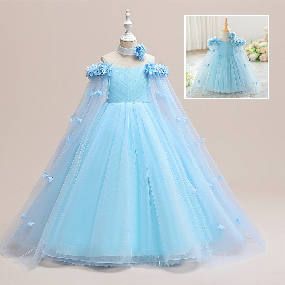 Vestido infantil decal de malla vestido de princesa chalelas de hombro para niños vestidos de alta gama logotipo de certificación transfronteriza