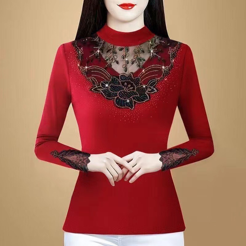 Nuevo otoño/invierno alemán lana media alta cuello de malla bordada de pelo largo de mediana edad moda caliente reducción de edad cubre el vientre top