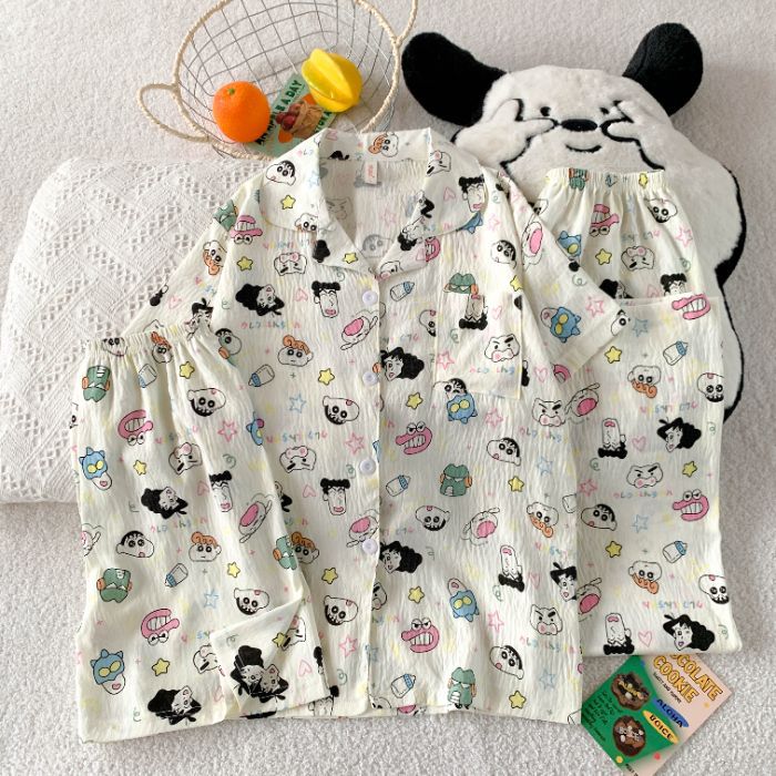 Volumen de carrera transfronterizo verano nuevo pijama amor de las mujeres pantalones cortos largos de manga corta traje de tres piezas de algodón nube ropa de hogar se puede usar afuera