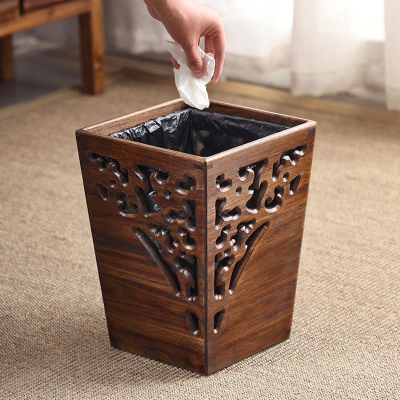 Retro Creative Living Room Bedroom Wooden Trash Can Home Toilet Kitchen New Chinoiserie Solid Wood Paper Basket Storage Rack