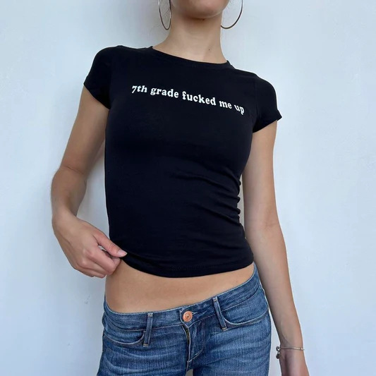 girlsroom アメリカの女性の夏の新しいレタープリントタイトなホットガールへそラウンドネックイン半袖 T シャツ|undefined