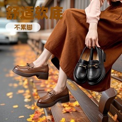 1956256乐福牛皮春秋女单鞋工作上班黑色皮鞋平底舒适软底妈妈鞋