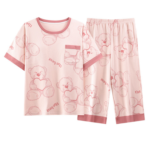 Women's Summer Pajama Set: Short Sleeve 7/8 Pants, Two-Piece, Round Neck, Loose Teen Style, Wearable as Home Clothes, Summer Homewear